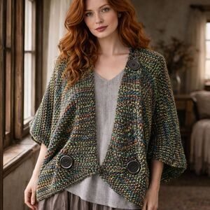 Vintage Multicolor Big Button Lagenlook Cape Sweater XL